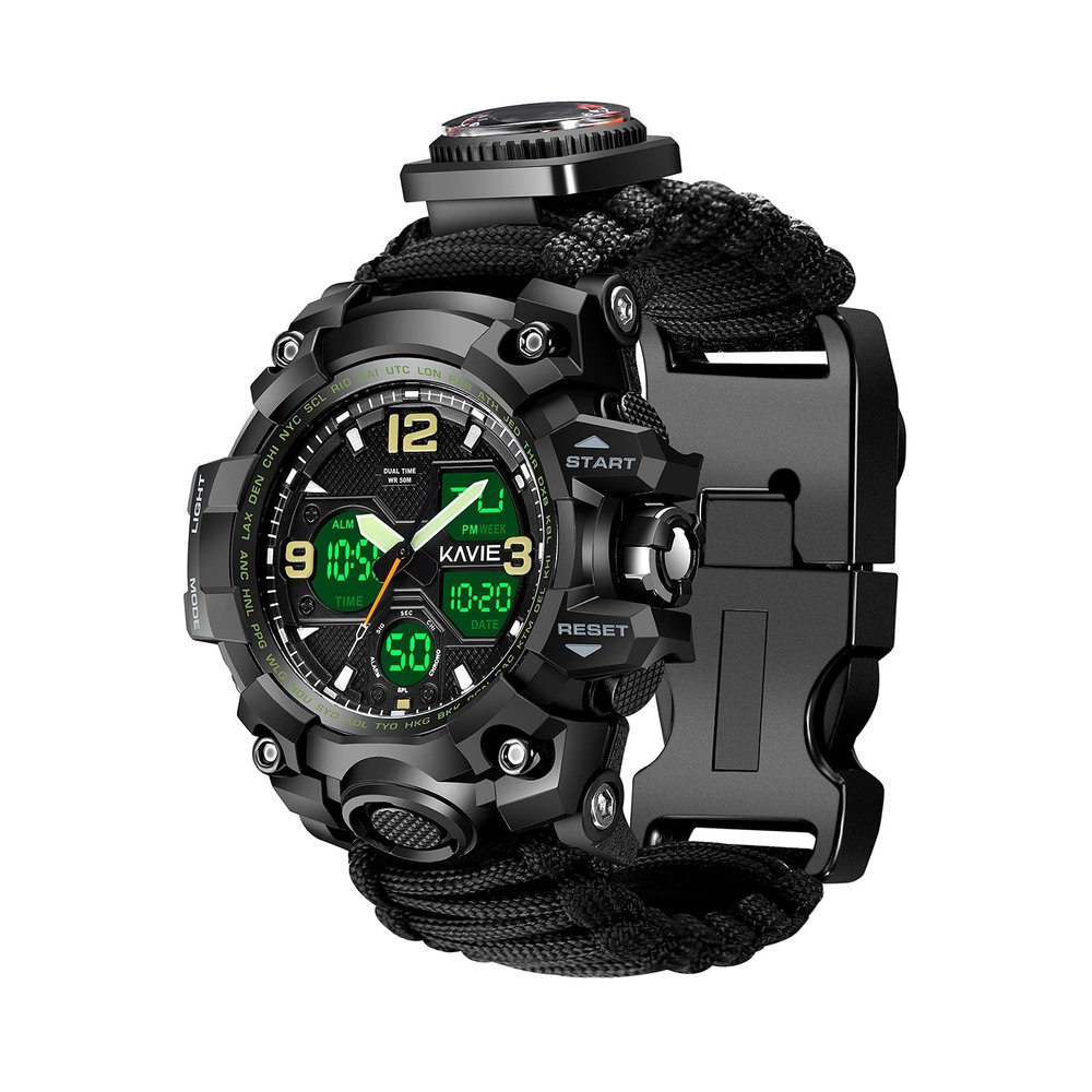 Smilkat 23-in-1 Survival Military Digital Watch, Mens Tactical Multi-Functional and Adjustable Wristband Outdoors Waterproof Sports Dual Dial Watches with Compass Paracord Band, Black, Digital