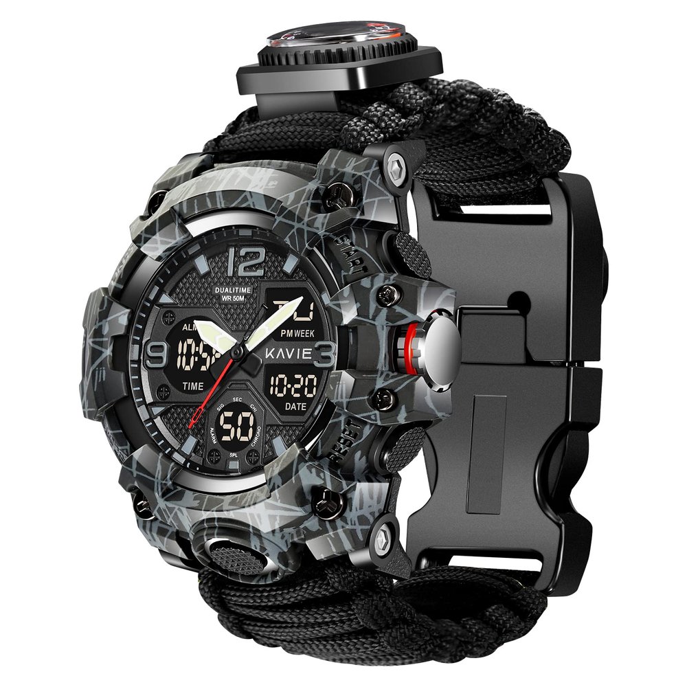 23-in-1 Survival Military Digital Watch, Mens Tactical Multi-Functional and Adjustable Wristband Outdoors Waterproof Black Camouflage Sports Watches with Compass Paracord Band