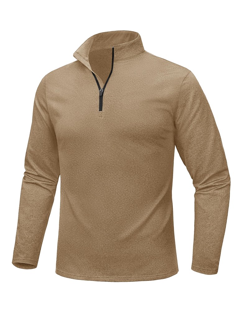 MAGCOMSEN Men's Golf Quarter Zip Shirts Long Sleeve Thermal Running Pullover Warm Fleece Lined Athletic Shirts Khaki,XL