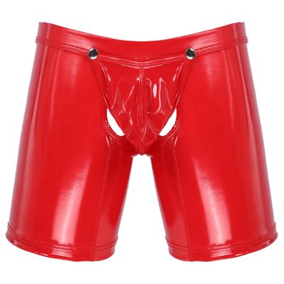 YiZYiF Men's Latex PVC Faux Leather Short Pants Solid Buckled Crotchless Boxer Shorts Hot Pants Red XX-Large