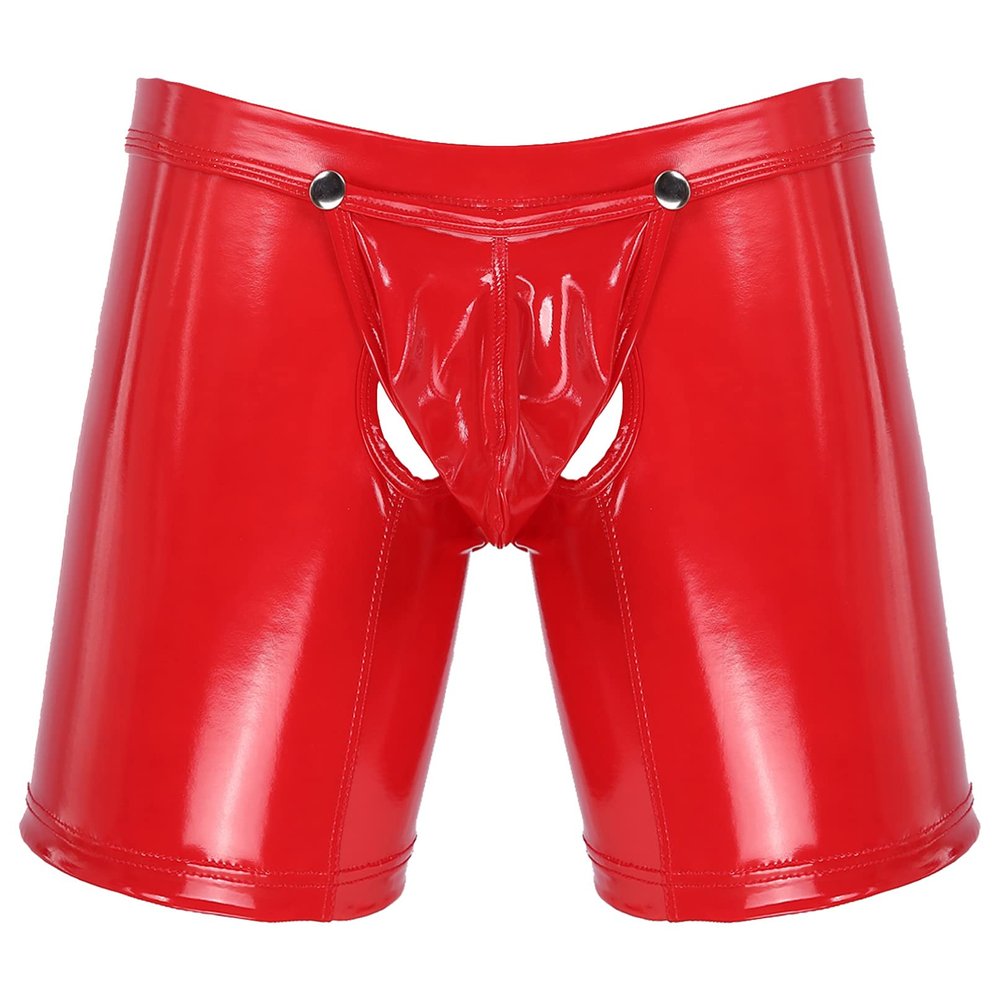 YiZYiF Men's Latex PVC Faux Leather Short Pants Solid Buckled Crotchless Boxer Shorts Hot Pants Red XX-Large