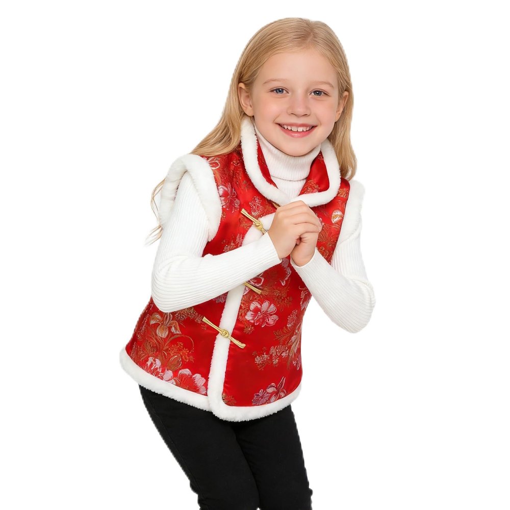 SZCQ Girl Vest Coat Fleece Quilted Chinese New Year Kids Outfits Traditional Tang Tank Tops Red(M)