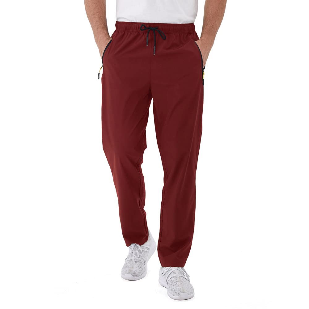 Men's Workout Athletic Pants Elastic Waist Jogging Running Pants for Men with Zipper Pockets 05 Wine Red 3XL
