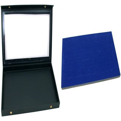 Black Glass Top Jewelry Case (Snap Close lid) w/ 1 Tray Insert (Blue 72-Slot Ring Foam Display)