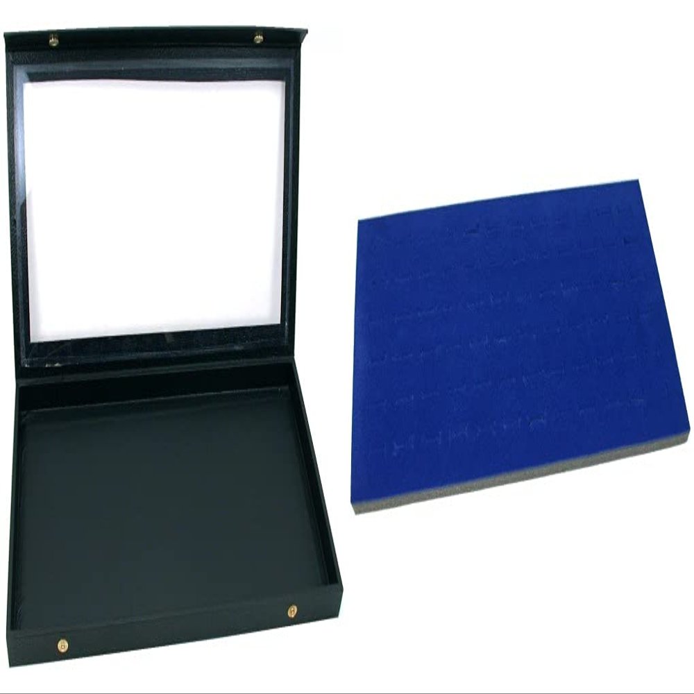 Black Glass Top Jewelry Case (Snap Close lid) w/ 1 Tray Insert (Blue 72-Slot Ring Foam Display)