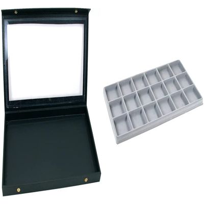 Black Glass Top Jewelry Case (Snap Close lid) w/ 1 Tray Insert (Gray 18-Slot Plastic Tray)