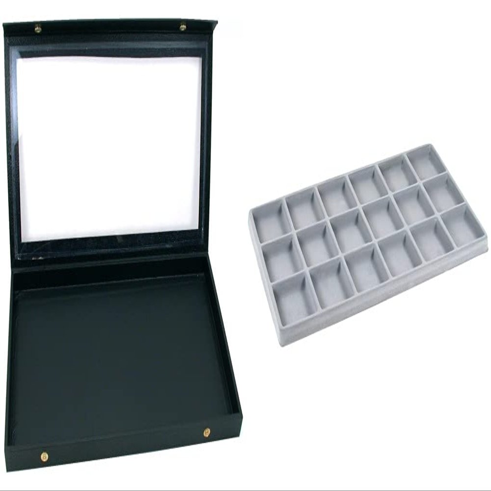 Black Glass Top Jewelry Case (Snap Close lid) w/ 1 Tray Insert (Gray 18-Slot Plastic Tray)