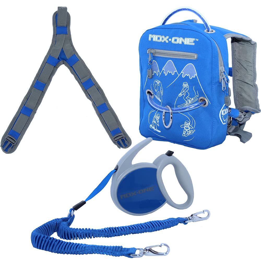 MDXONE Kids Ski & Snowboard Harness Retractable Leash, Shock-Absorbing Bungees, Backpack & Removable Seat