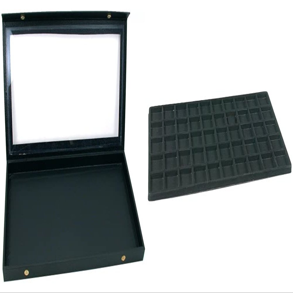Black Glass Top Jewelry Case (Snap Close lid) w/ 1 Tray Insert (Black 50-Slot Plastic Tray)