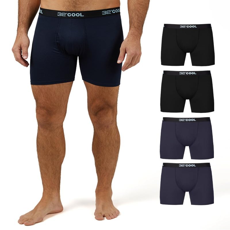 32 Degrees COOL Mens 4-PACK Quick Dry Performance Boxer Brief With Comfort Elastic Waistband, 2 Black/2 Navy, Medium