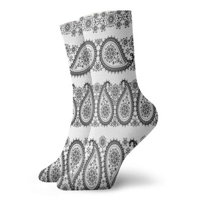 GULTMEE Paisley Funky Colorful Cushion Sport Socks,Winterd And Lace Like Ornaments With Flowers And Snowflakes,Athletic Cushioned Running Performance Crew Socks For Men/Women,Black White -12 inch