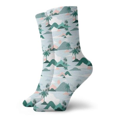 GULTMEE Hawaii Fashion Compression Socks,Pastel Tones Palm Trees And Beach,Performance Polyester Cushioned Athletic Crew Socks for Running,Athletic,Pale Teal Blush Hunter Green Baby Blue -12 inch