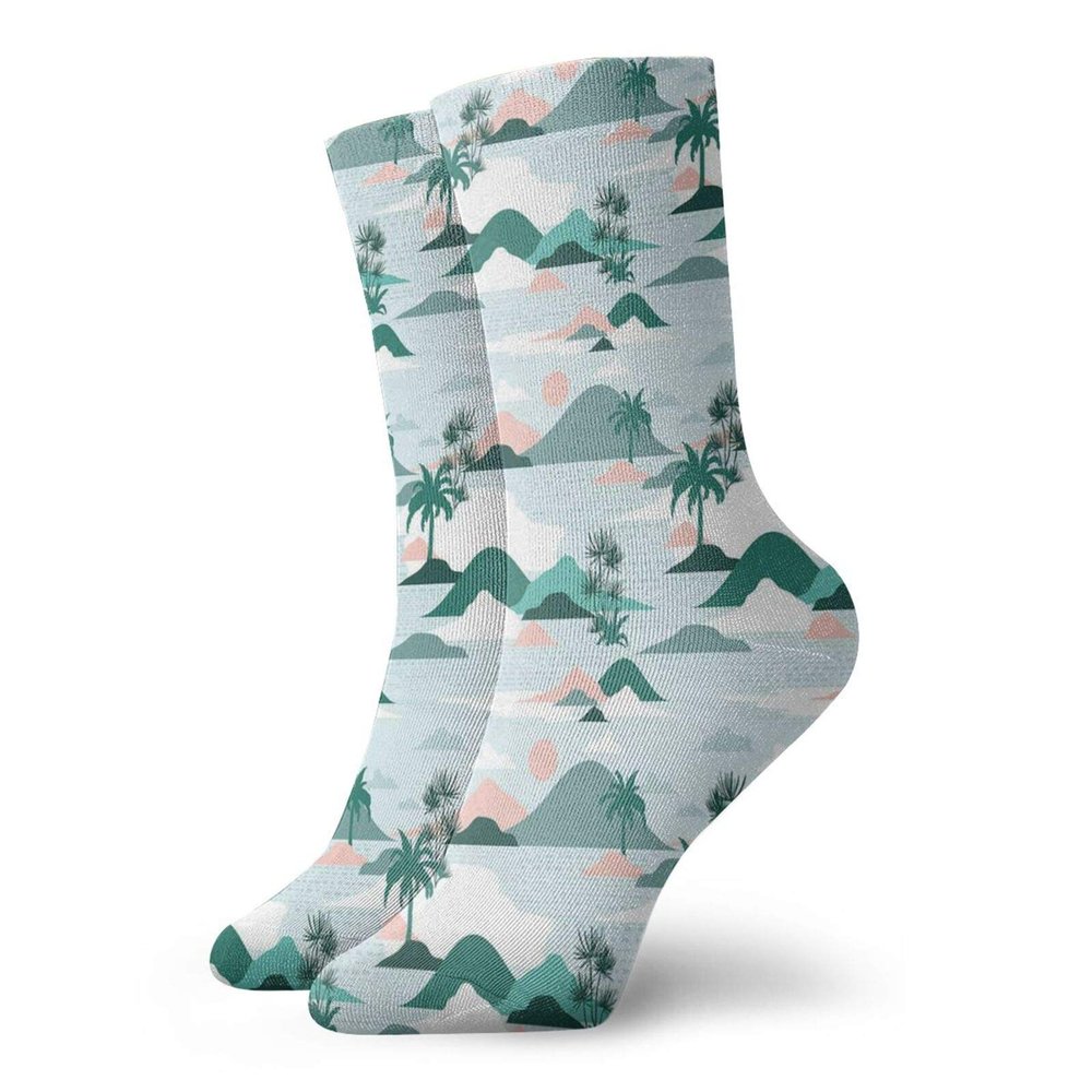 GULTMEE Hawaii Fashion Compression Socks,Pastel Tones Palm Trees And Beach,Performance Polyester Cushioned Athletic Crew Socks for Running,Athletic,Pale Teal Blush Hunter Green Baby Blue -12 inch