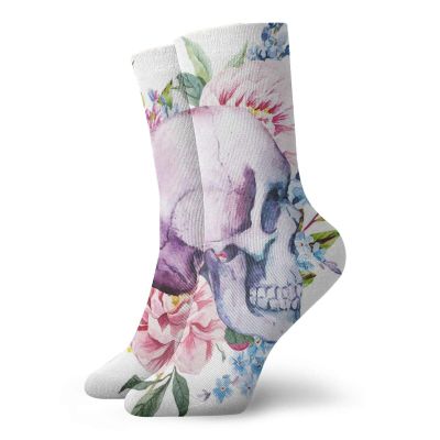 GULTMEE Funky Colorful Cushion Sport Socks,Watercolor Abstract Dead Human Head With Floral Details Leaves Buds Flowers Print,Athletic Cushioned Running Performance Crew Socks For Men/Women, -12 inch