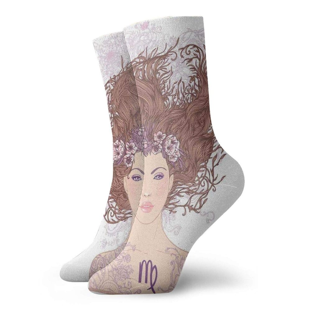 GULTMEE Zodiac Virgo Fashion Compression Socks,Lllustration Of Virgo Astrological Sign As,Performance Polyester Cushioned Athletic Crew Socks for Running,Athletic,Multicolor -12 inch