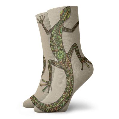 GULTMEE Reptile Funky Colorful Cushion Sport Socks,Ornamental Colorful Lizard With Ethnics Moving,Athletic Cushioned Running Performance Crew Socks For Men/Women,Green Tan -12 inch
