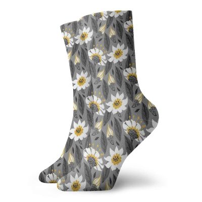 Aster Funny Compression Socks Women and Men,Daisy Petals Artistic Branches Growth Foliage Flora Refreshing Nature,Best for Circulation,Running,Athletic,Nurse,Travel,Earth Yellow Grey White -12 inch