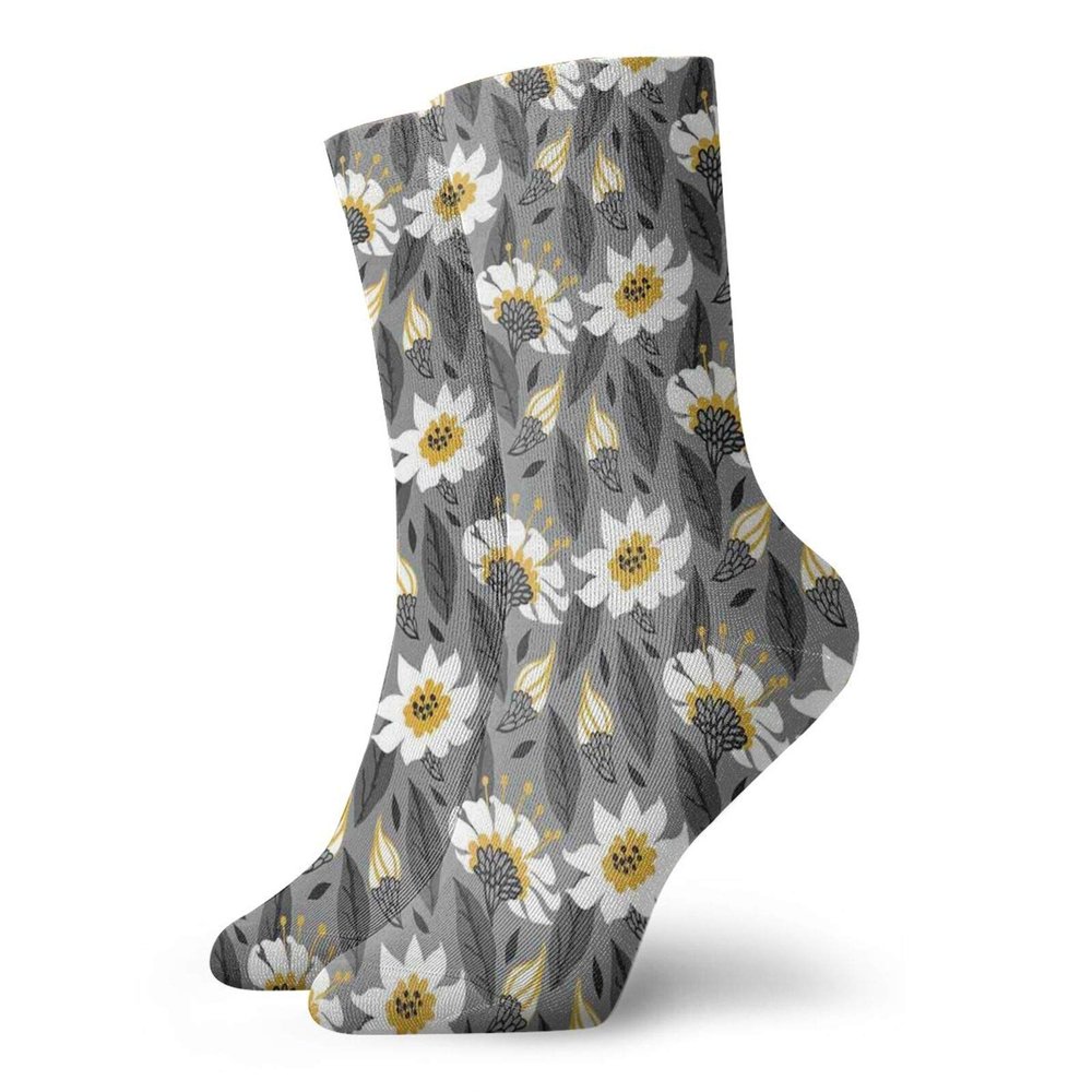 Aster Funny Compression Socks Women and Men,Daisy Petals Artistic Branches Growth Foliage Flora Refreshing Nature,Best for Circulation,Running,Athletic,Nurse,Travel,Earth Yellow Grey White -12 inch