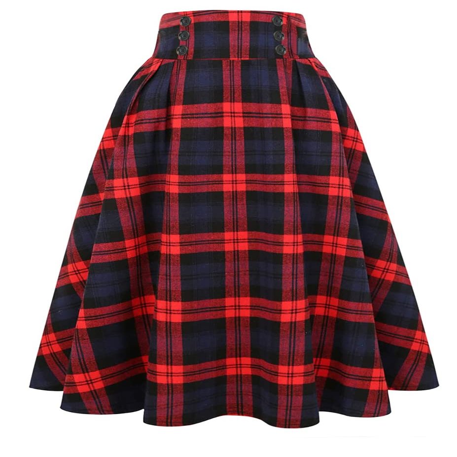 IDEALSANXUN Plaid Skirt for Womens High Waist Aline Pleated Midi Skirts (Red, Small)