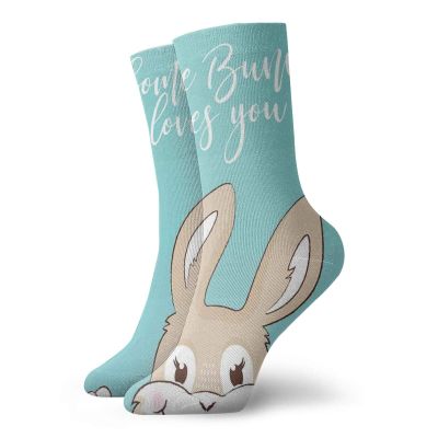 GULTMEE Quote Fashion Compression Socks,Some Bunny Loves You Text And,Performance Polyester Cushioned Athletic Crew Socks for Running,Athletic,Pale Blue Tan White -12 inch