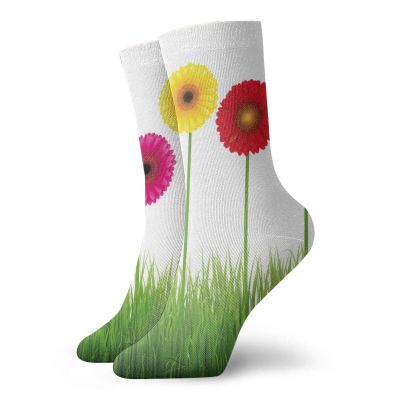 GULTMEE Funky Colorful Cushion Sport Socks,Horizontal Order Colorful Flowers On Grass Energetic Spring Illustration,Athletic Cushioned Running Performance Crew Socks For Men/Women, -12 inch
