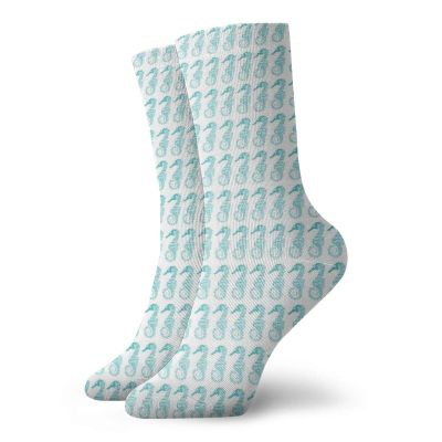 Seahorse Funny Compression Socks Women and Men,Aquatic Creatures Themed Illustration Of Seahorses In Engraving Style,Best for Circulation,Running,Athletic,Nurse,Travel,Pale Blue And White -12 inch