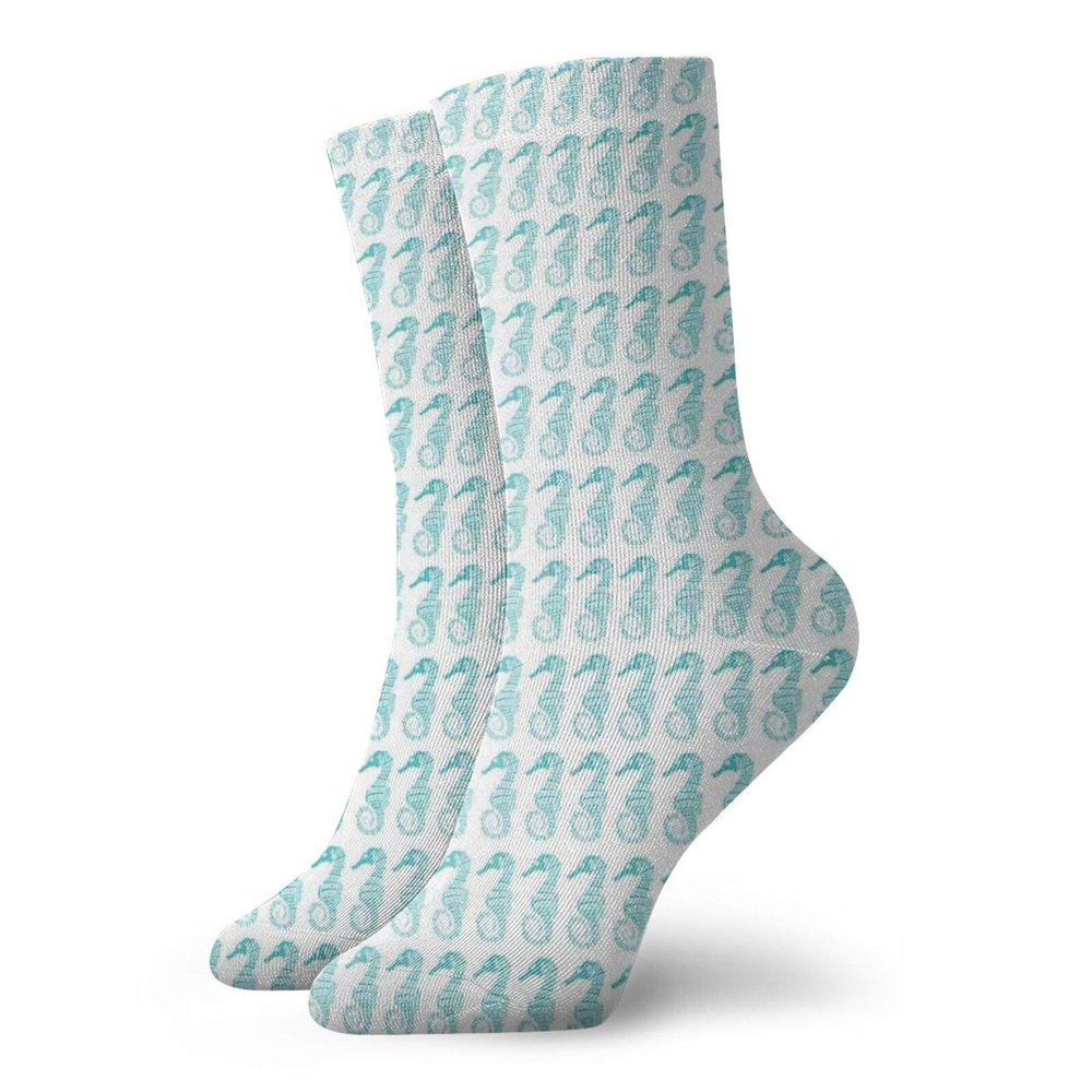 Seahorse Funny Compression Socks Women and Men,Aquatic Creatures Themed Illustration Of Seahorses In Engraving Style,Best for Circulation,Running,Athletic,Nurse,Travel,Pale Blue And White -12 inch