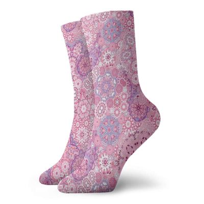 Mauve Funky Colorful Cushion Sport Socks,Ethnic Orient Bohemian Paisley Eastern Culture Floral Folkloric,Athletic Cushioned Running Performance Crew Socks For Men/Women,Dried Rose Pink -12 inch