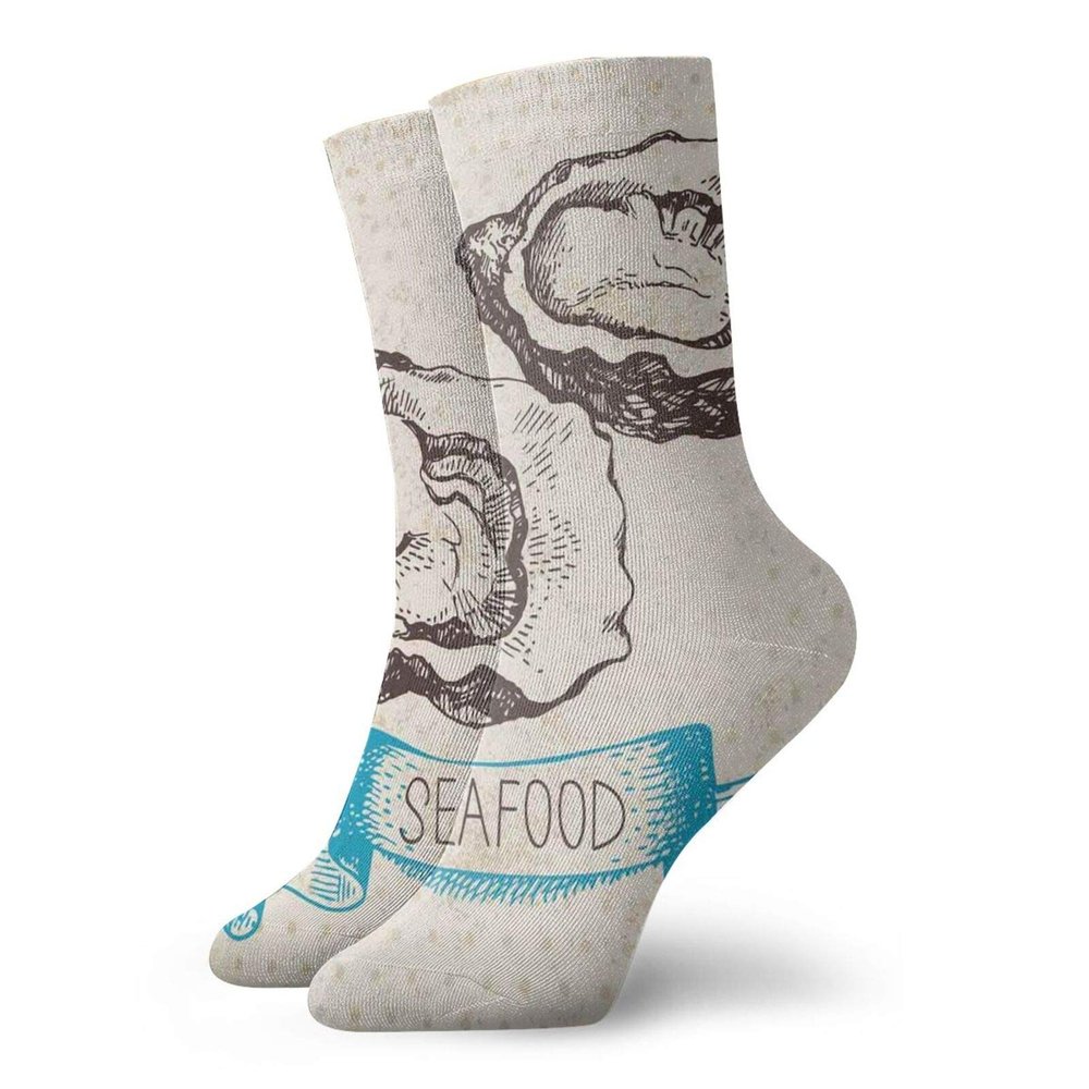 GULTMEE Oyster Fashion Compression Socks,Sketched Virginica Atlantic Oysters On Polka,Performance Polyester Cushioned Athletic Crew Socks for Running,Athletic,Azure Blue Dark Brown Beige -12 inch