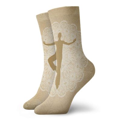 Yoga Funky Colorful Cushion Sport Socks,Authentic Mandala Inspired Composition Man Posture Asana Meditation,Athletic Cushioned Running Performance Crew Socks For Men/Women,SBrown Gold White -12 inch