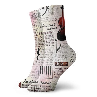 Old Newspaper Decor Funny Compression Socks Women and Men,Classical Music Theme Instruments Piano Violin Notes Symbols,Best for Circulation,Running,Athletic,Nurse,Travel,Ruby Light Pink Black -12 inch