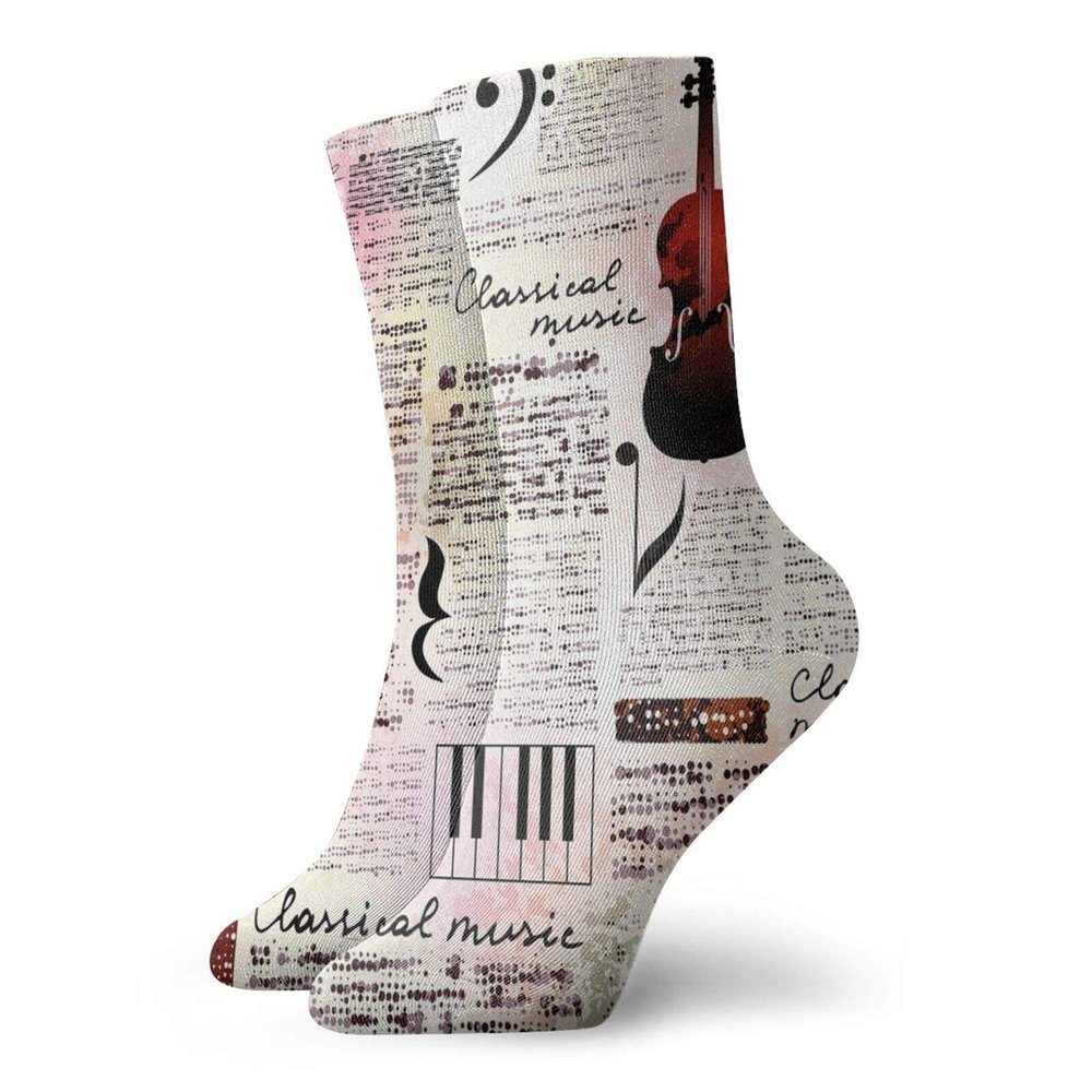 Old Newspaper Decor Funny Compression Socks Women and Men,Classical Music Theme Instruments Piano Violin Notes Symbols,Best for Circulation,Running,Athletic,Nurse,Travel,Ruby Light Pink Black -12 inch