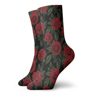 Rose Fashion Compression Socks,Love Valentines Day Retro Petals With Leaves Ornamental Growth,Performance Polyester Cushioned Athletic Crew Socks for Running,Athletic,Ruby Hunter Green Black -12 inch