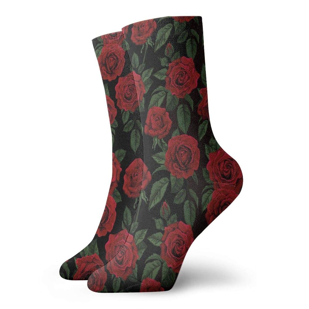 Rose Fashion Compression Socks,Love Valentines Day Retro Petals With Leaves Ornamental Growth,Performance Polyester Cushioned Athletic Crew Socks for Running,Athletic,Ruby Hunter Green Black -12 inch