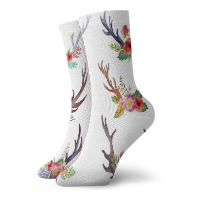 Antlers Funny Compression Socks Women and Men,Deer Horns Bouquet Flowers Bloom Fun Springtime Garden Branches Work Of Art Print,Best for Circulation,Running,Athletic,Nurse,Travel,Multicolor -12 inch