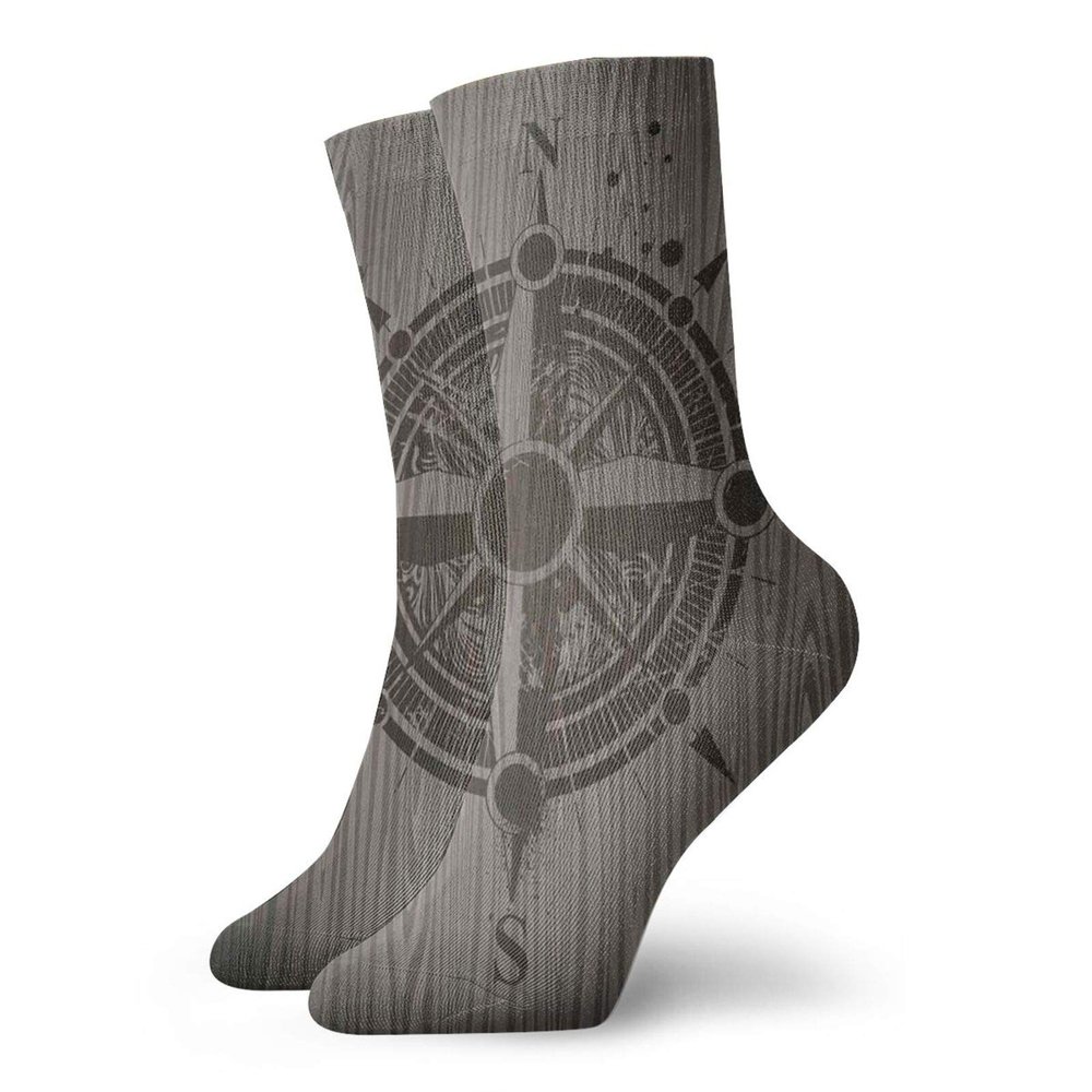 Compass Funny Compression Socks Women and Men,Drawing Of A Sailing Compass On A Wooden Surface In Computer Generated Art,Best for Circulation,Running,Athletic,Nurse,Travel,Umber Dark Brown -12 inch