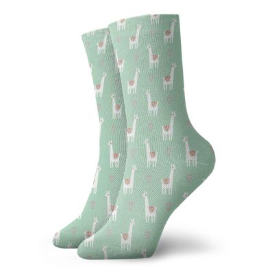 Llama Fashion Compression Socks,Cute Llama With Candy Cane Hearts Fun On Mint Green Background,Performance Polyester Cushioned Athletic Crew Socks for Running,Athletic,Mint Green Multicolor -12 inch