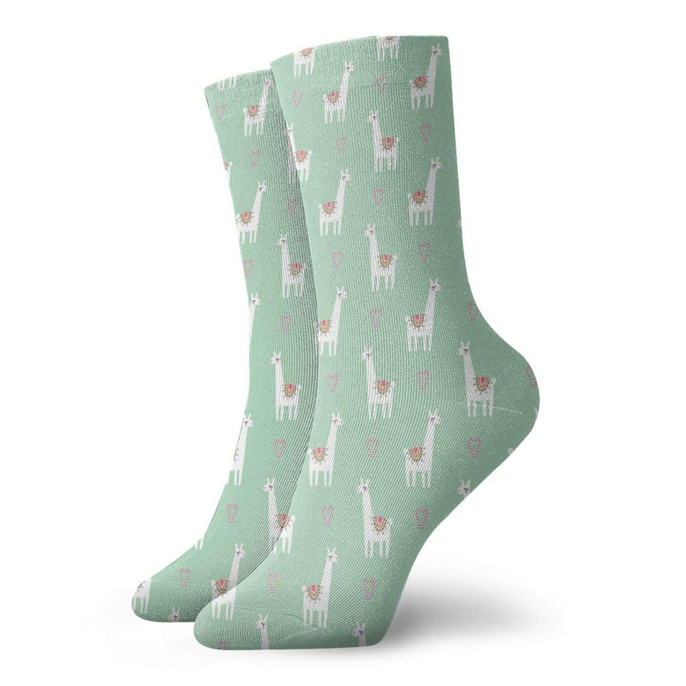 Llama Fashion Compression Socks,Cute Llama With Candy Cane Hearts Fun On Mint Green Background,Performance Polyester Cushioned Athletic Crew Socks for Running,Athletic,Mint Green Multicolor -12 inch