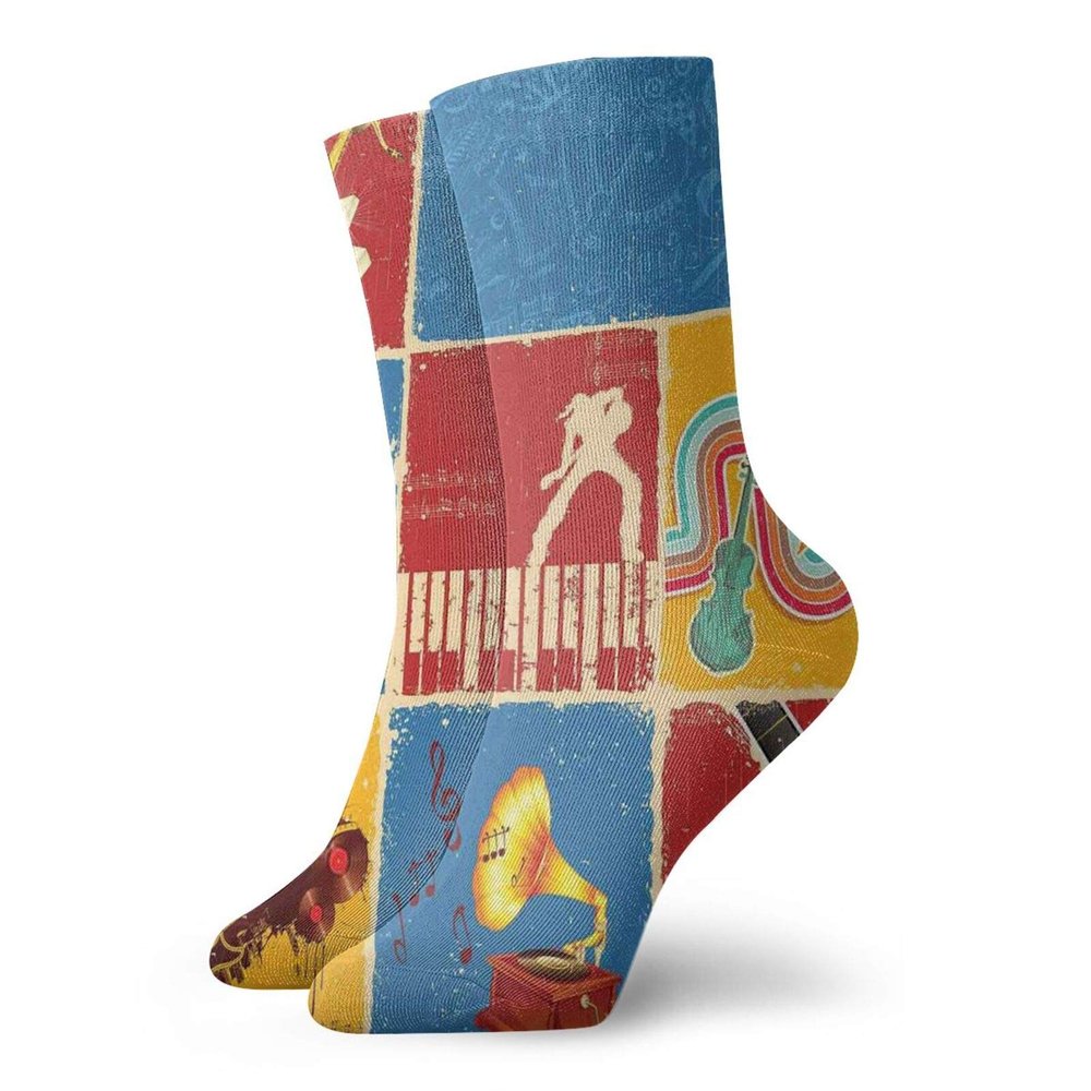 Funky Colorful Cushion Sport Socks,Retro Collage Illustration Of Different Instruments Guitar Violin Jazz Pop Art Boho,Athletic Cushioned Running Performance Crew Socks For Men/Women, -12 inch