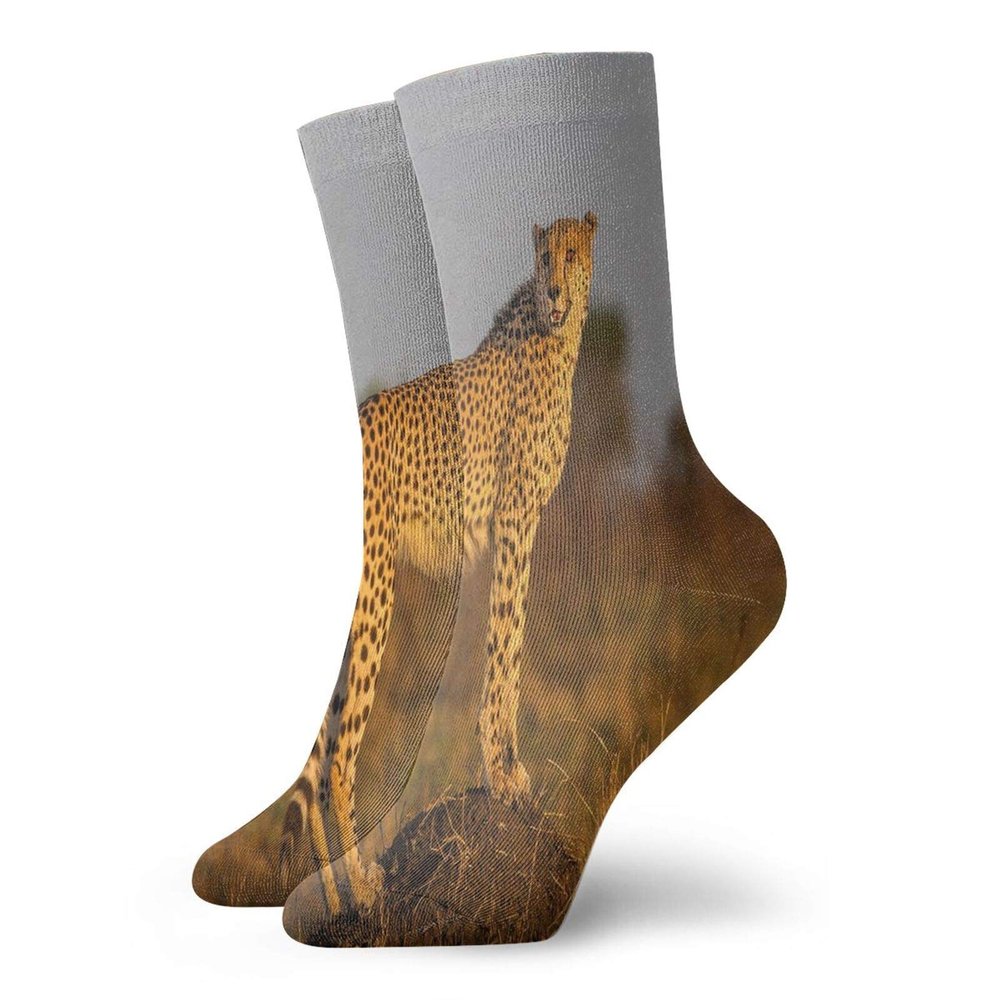 Safari Funky Colorful Cushion Sport Socks,African Wild Animal Cheetah Standing On,Athletic Cushioned Running Performance Crew Socks For Men/Women,Ginger Apricot Dust -12 inch