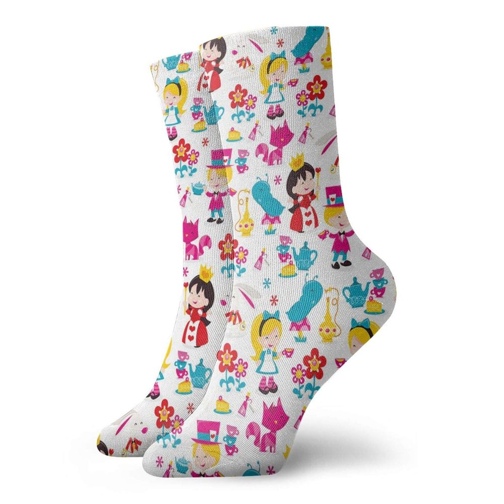 GULTMEE Funny Compression Socks Women and Men,Cute Cartoon Style Queen Rabbit Yellow Haired Girl Flowers Slug Tea Cups Stacked,Best for Circulation,Running,Athletic,Nurse,Travel, -12 inch