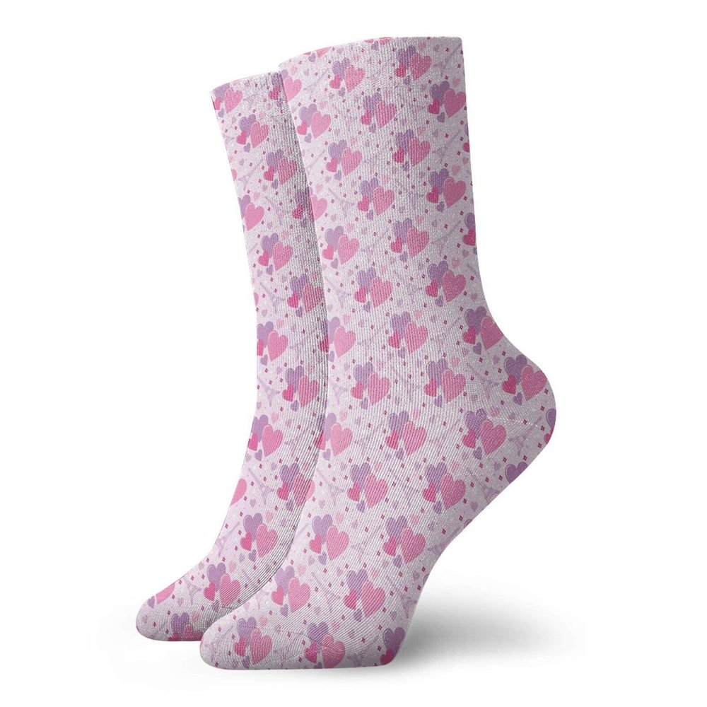 Hearts Funny Compression Socks Women and Men,Paris France Theme Image With Colorful Hearts And Eiffel Tower City Of Love Romantic,Best for Circulation,Running,Athletic,Nurse,Travel,Pink Lilac -12 inch