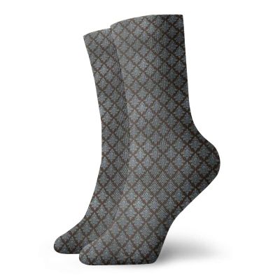 Damask Funky Colorful Cushion Sport Socks,Classic Floral Ornament Diagonal Old Fashioned Baroque Leaves,Athletic Cushioned Running Performance Crew Socks For Men/Women,Dark Brown Blue Grey -12 inch