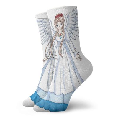 GULTMEE Anime Funky Colorful Cushion Sport Socks,Cartoon Illustration Of Cute Angel Wings,Athletic Cushioned Running Performance Crew Socks For Men/Women,White Blue -12 inch