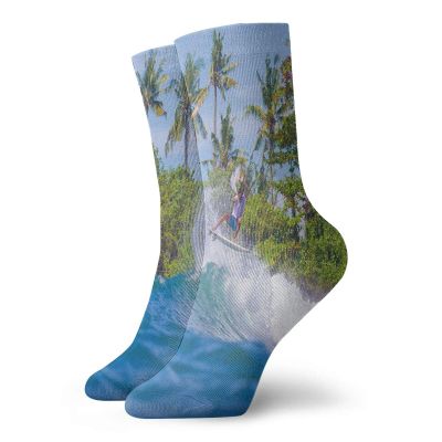 Ride The Wave Funny Compression Socks Women and Men,Surfer In Ocean By Bali Island Palm Trees Dreamy Nature Scenery,Best for Circulation,Running,Athletic,Nurse,Travel,Fern Green Violet Blue -12 inch