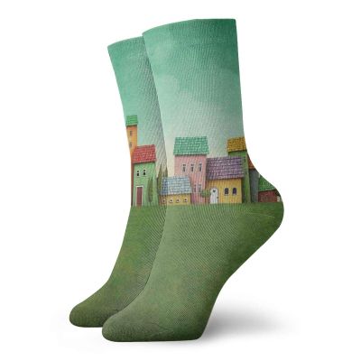 Funky Colorful Cushion Sport Socks,A Village Of Abstract Shaped Colorful Houses And Bushy Trees On Greenery Grass Field,Athletic Cushioned Running Performance Crew Socks For Men/Women, -12 inch