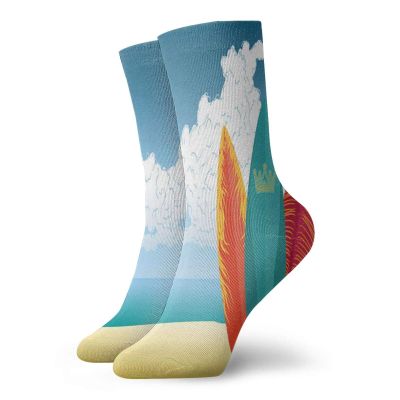GULTMEE Funky Colorful Cushion Sport Socks,Summer Water Sports Illustration Of Surfboards On Sandy Coast And Ocean Print,Athletic Cushioned Running Performance Crew Socks For Men/Women, -12 inch