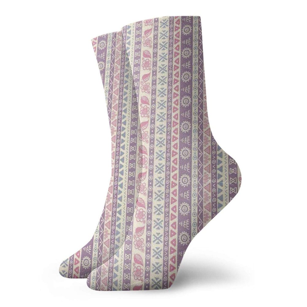 Striped Fashion Compression Socks,Soft Tone With Ancient Ethnic Elements Floral Leaf Archaic American,Performance Polyester Cushioned Athletic Crew Socks for Running,Athletic,Pale Pink Mauve -12 inch