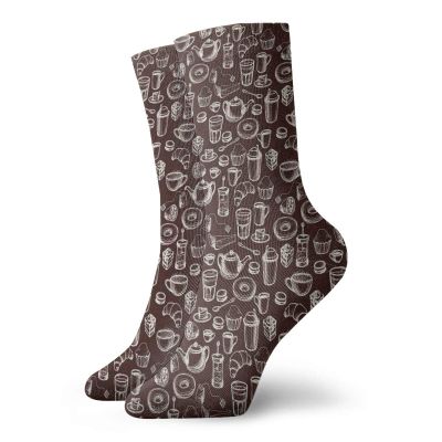Brown And White Fashion Compression Socks,Hand Drawn Style With Coffee Tea Cups Donuts And Sweets,Performance Polyester Cushioned Athletic Crew Socks for Running,Athletic,Dark Brown White -12 inch
