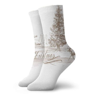 Christmas Funky Colorful Cushion Sport Socks,Romantic Vintage New Year Scenery With Reindeer Tree And Star Ancient Image,Athletic Cushioned Running Performance Crew Socks For Men/Women,Brown -12 inch